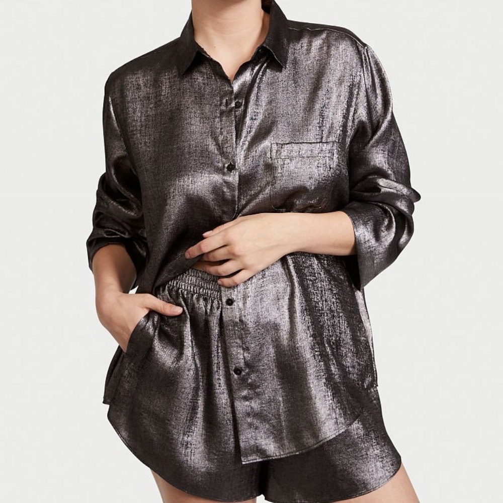 Victoria's Secret Satin Long-Sleeve Short Pajama Set Black Foil XS NEW